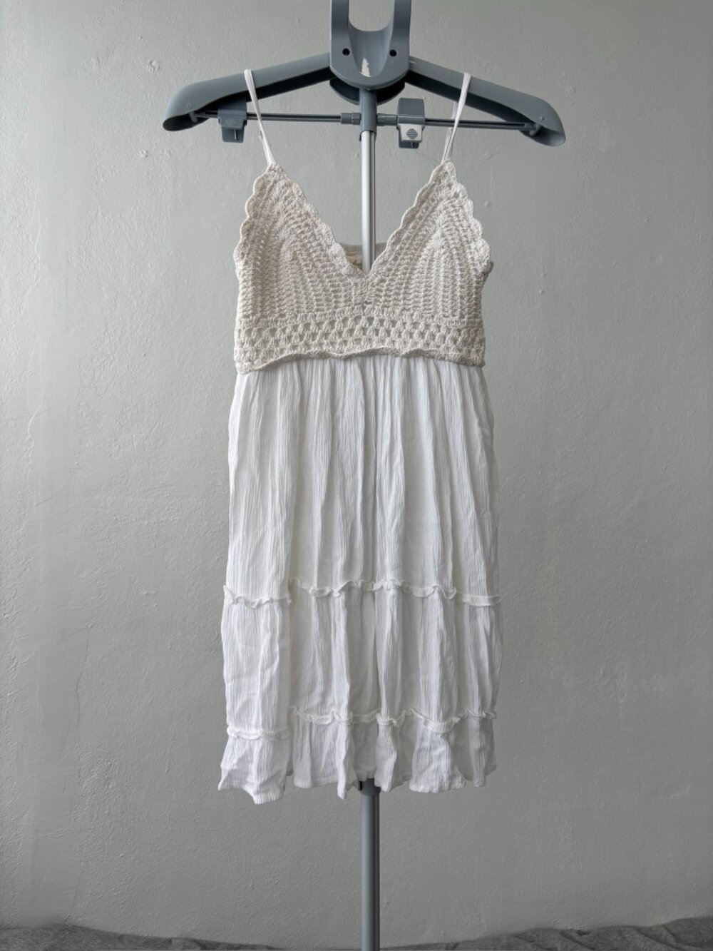 Indulge Me White Crochet Lace Smocked Tiered Ruffle Cami Boho Sundress Small S